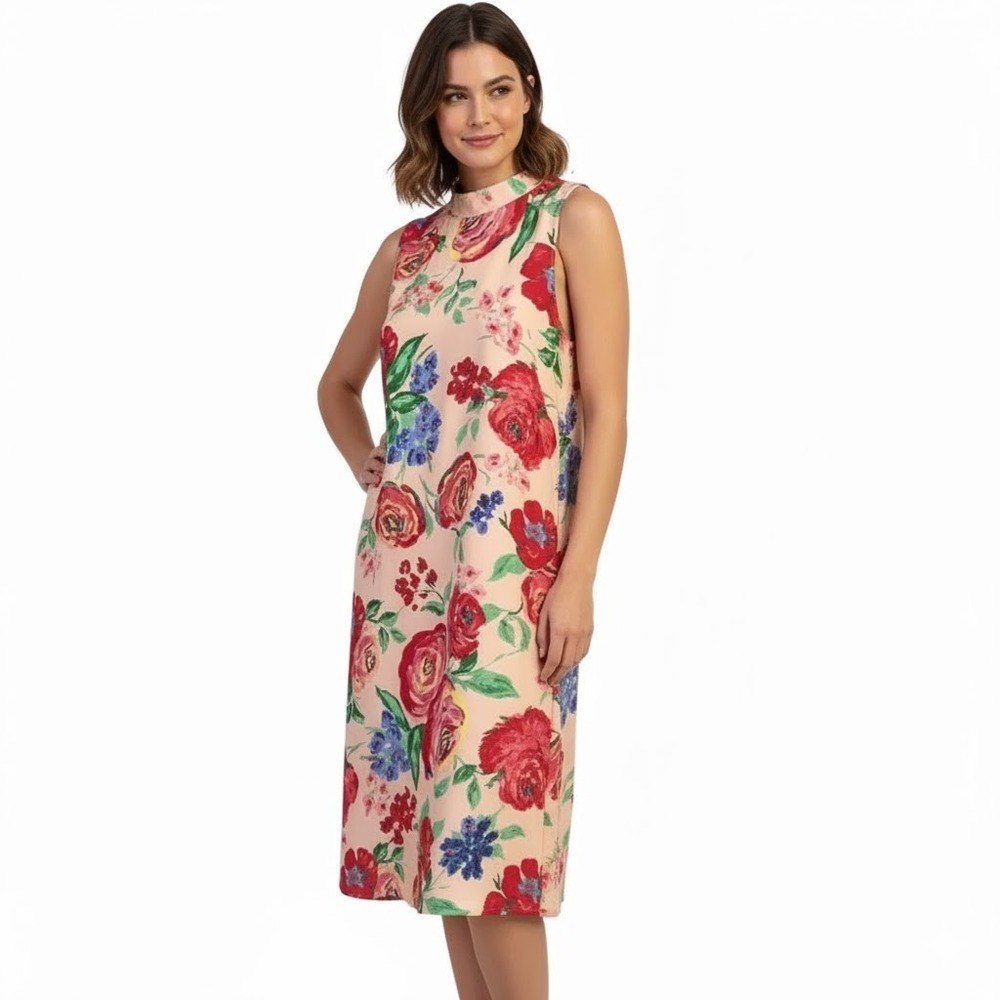 Everly Dress Multicolor Shift Keyhole Mock Neck Floral Sleeveless Vibrant Resort